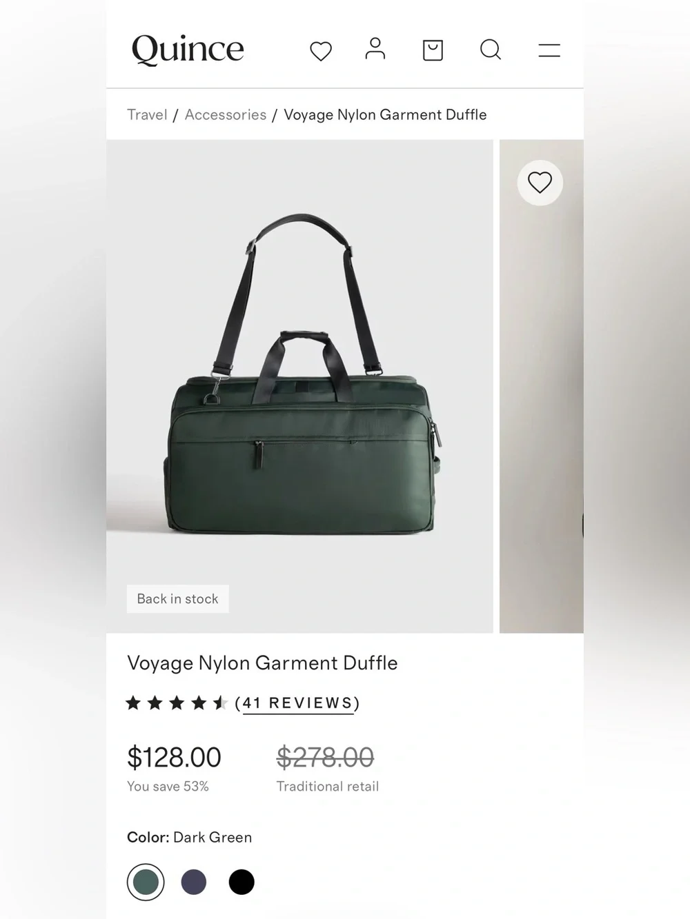 Quince Voyage Nylon Garment Duffle Dark Green NWT 2in1 Carry On Travel Bag
